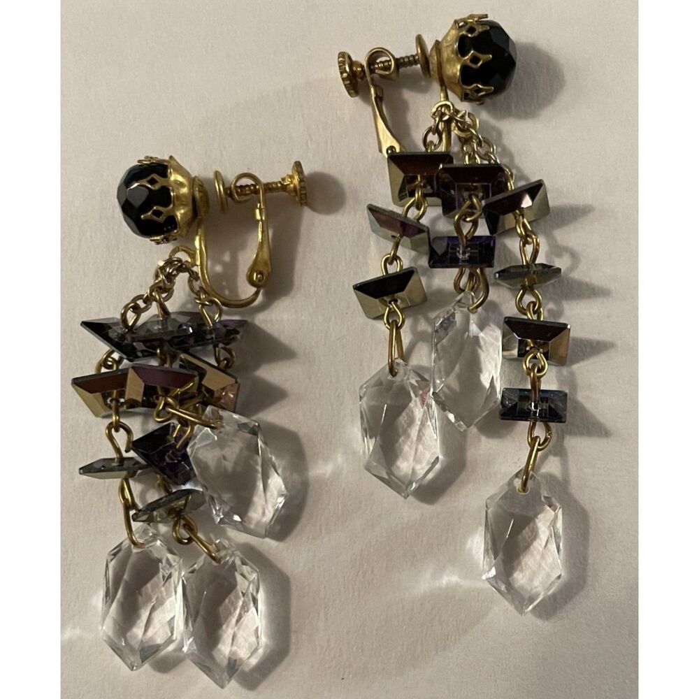 Vintage Miriam Haskell Chandelier Drop Earrings Crystal Black Screw Back Rare